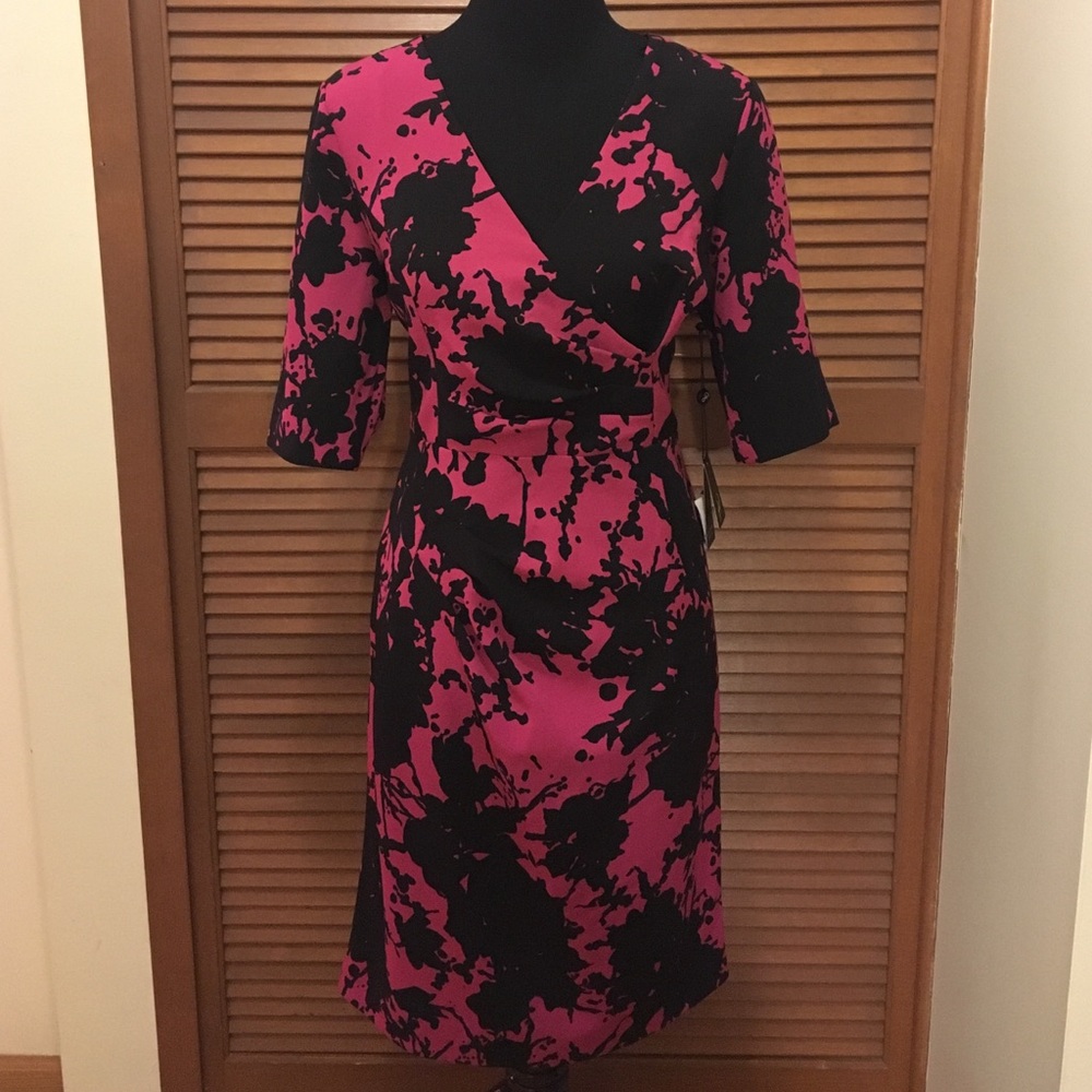 Adrianna Papell Black and Hot Pink Abstract Wrap Dress